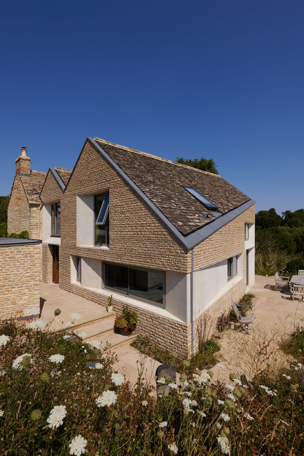 The dramatic angled roofscape of the Cotswold extension