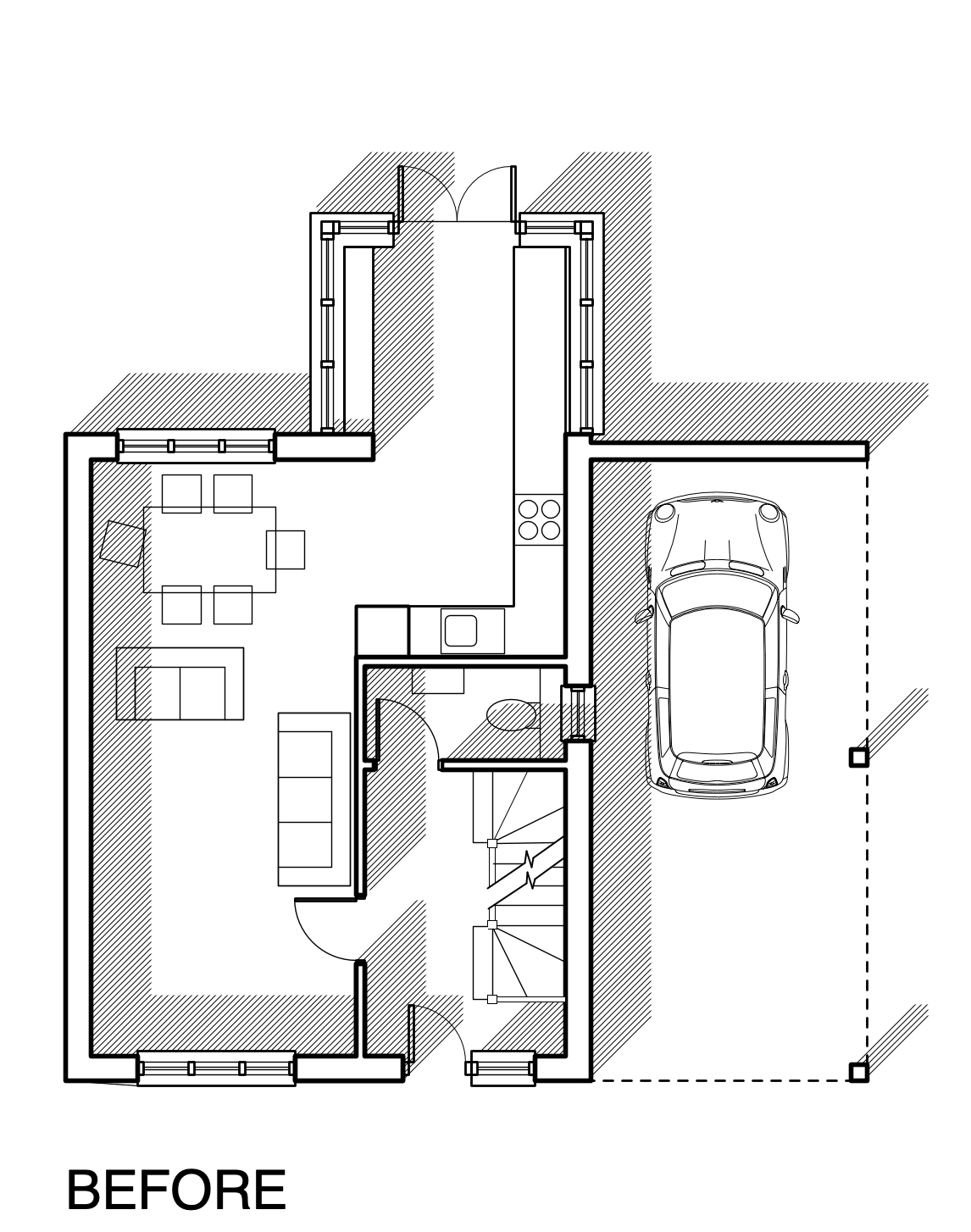 Silchester ground-floor plan before — awkward kitchen and no defined dining area