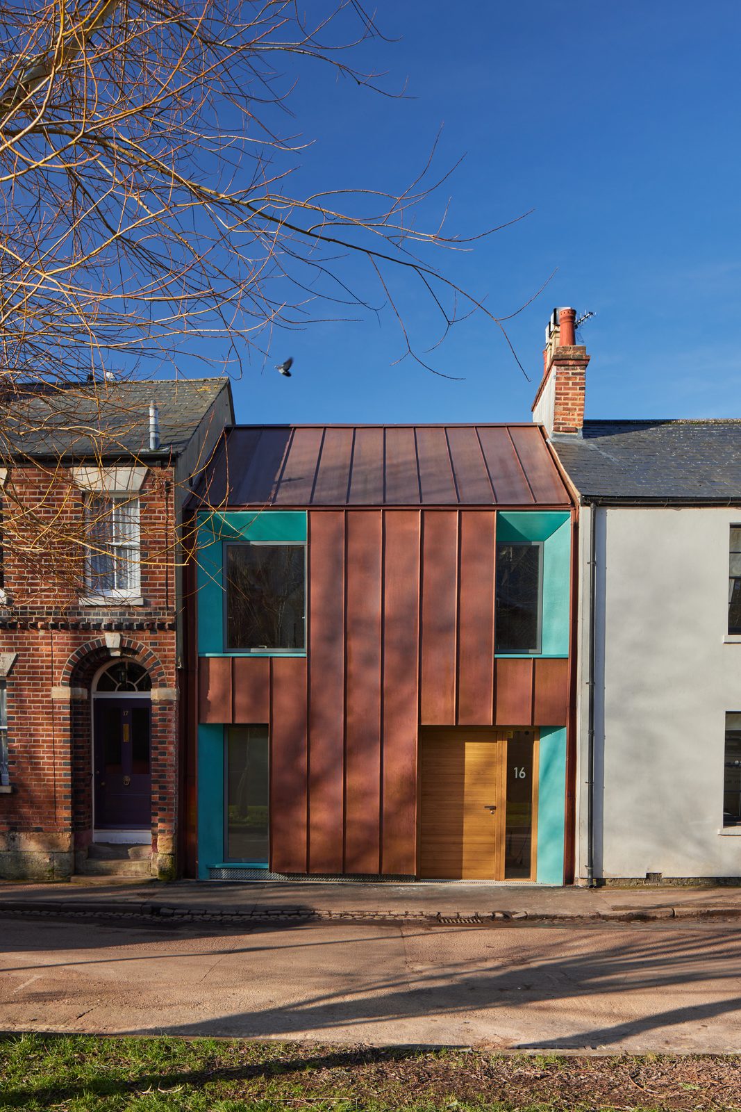 The copper-clad frontage of the Vishuddha Yoga Centre